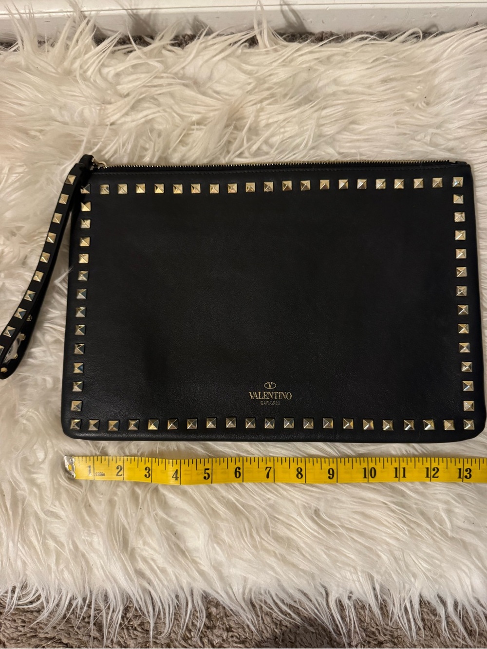 Valentino Garavani Black Leather Rockstud Wristlet Clutch with Gold Studs